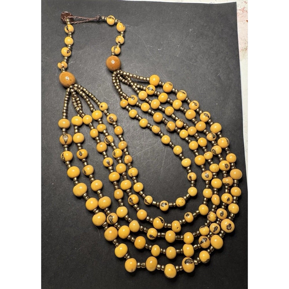 Ecuadorian Pambil Seed Multi Strand Necklace Yellow Natural Beads Brass Boho